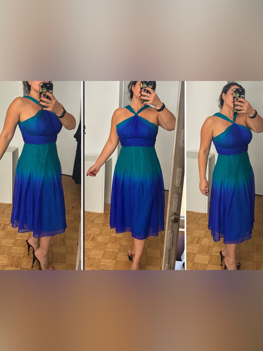 Jones New York 100% Silk Ombré Halter Midi Dress Blue Teal Size 6, Excellent